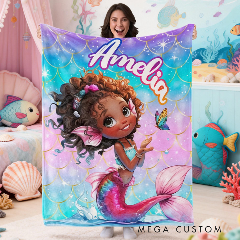 Personalized Mermaid Themed Blanket with Name Home Decor Birthday Gift for Kids Mermaid Lovers