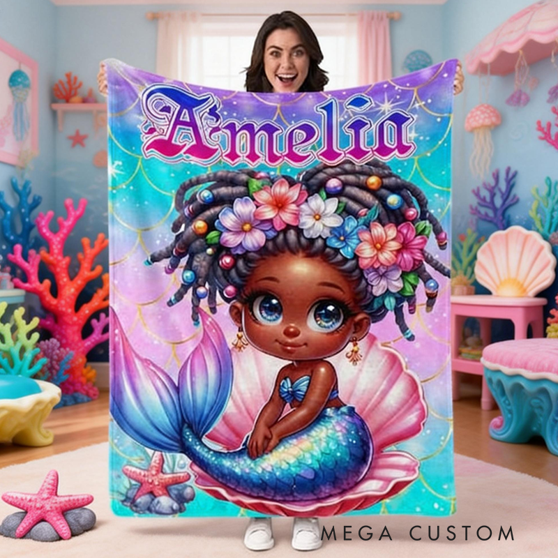 Personalized Mermaid Themed Blanket with Name Home Decor Birthday Gift for Kids Mermaid Lovers