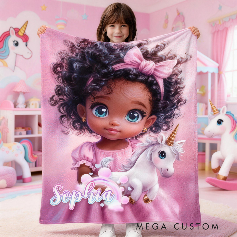 Personalized Little Black Princess Themed Blanket with Name Home Decor Birthday Gift for Kids 