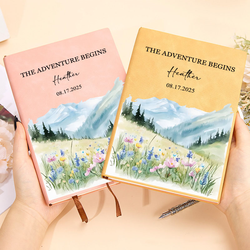 Personalized Scenic Adventure Journal Hiking Watercolor Landscape Notebook Meadow Floral Nature Journal Outdoor Adventurers Lover Gift