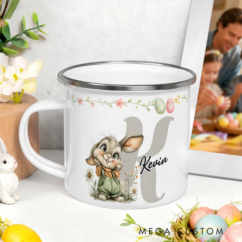 Personalized Cartoon Easter Bunny Initial 12 oz Colored Rim Enamel Mug with Name Easter Gift for Boys and Girls