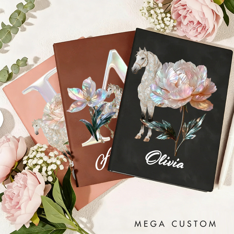 Personalized Horse Riding Birth Flower Initial A5 A6 PU Leather Notebook with Name Birthday Gift for Horse Lovers Riding Lovers Equestrian Lovers