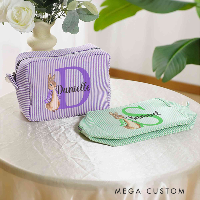 Personalized Name Peter Rabbit Bunny Alphabet Striped Makeup Bag Travel Toiletry Pouch Birthday Easter Gift for Her Girls 