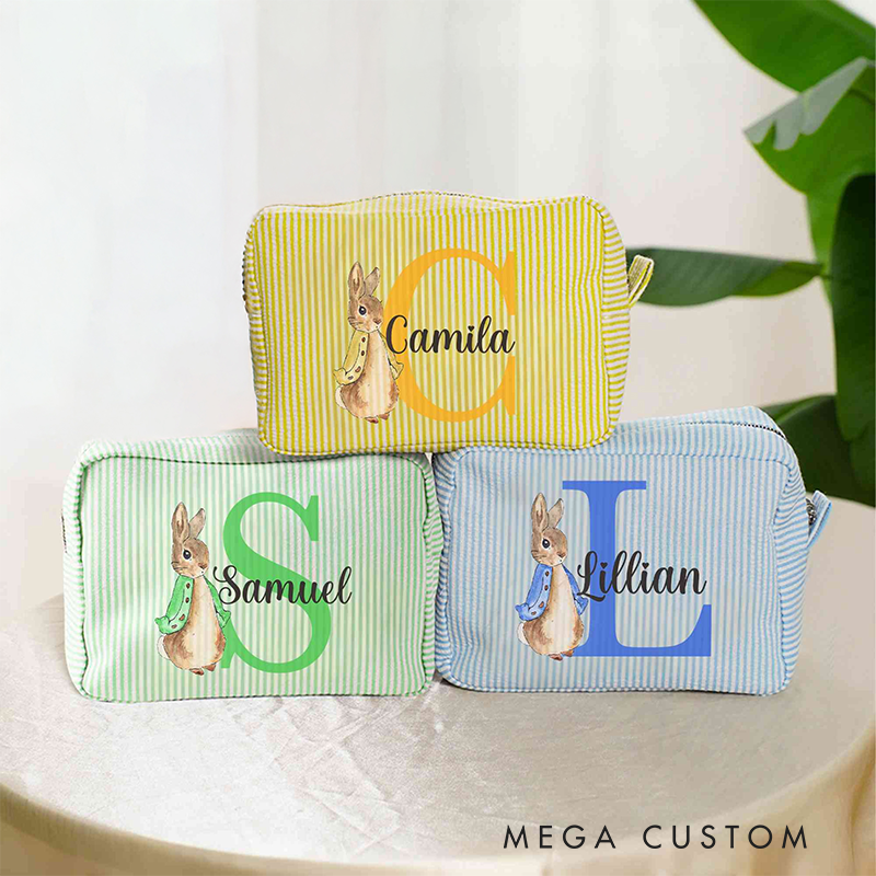 Personalized Name Peter Rabbit Bunny Alphabet Striped Makeup Bag Travel Toiletry Pouch Birthday Easter Gift for Her Girls 