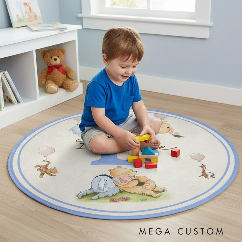 Personalized Classic Winnie the Pooh Initial Round Anti-Slip Coral Fleece Doormat Rug with Name Nursery Decor Baby Shower Birthday Gift for Kids