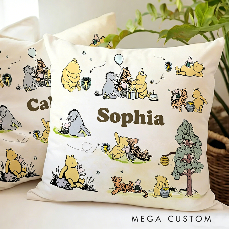 Personalized Classic Winnie the Pooh Soft Throw Pillow Cover with Name Birthday Baby Shower Gift for Newborn Boys Girls