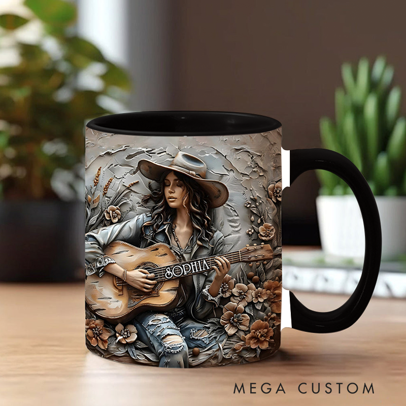 Personalized Name Girl Guitar Accent Mug Custom Guitar Themed Mug for Music Lovers