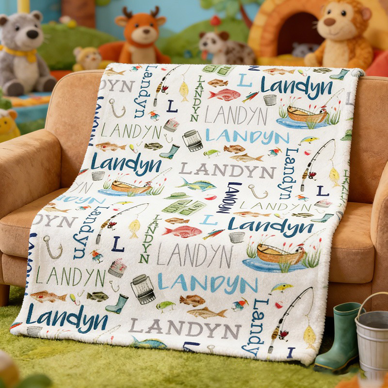Personalized Fishing Blanket Fishing Blanket Name Pattern Outdoor Fishing Lover Blanket Gift for Kid