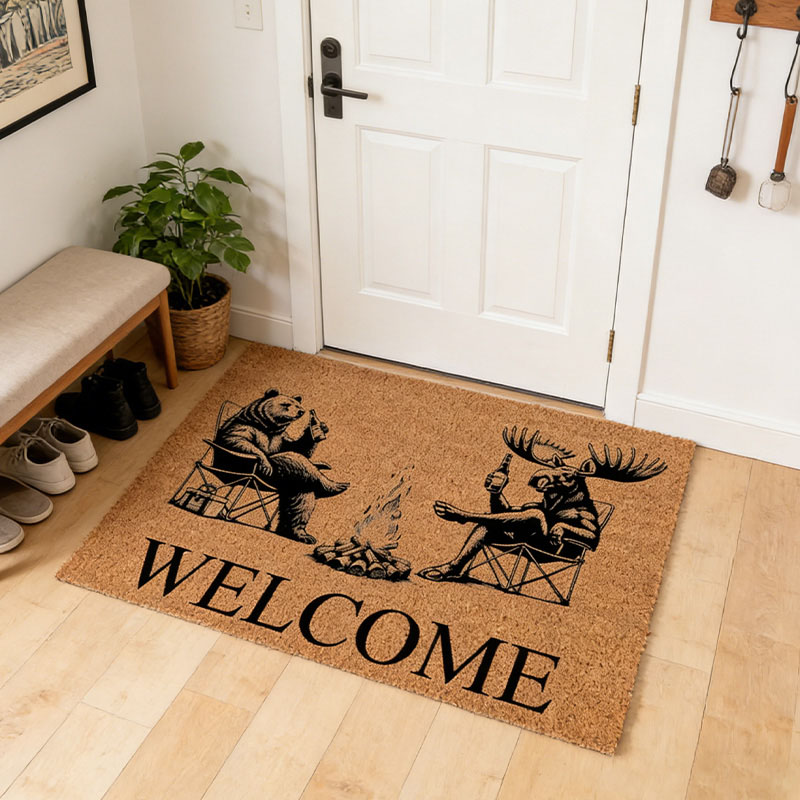 Personalized Welcome Bear & Moose Camp Fire Camping Cabin Funny Coir Doormat Door Mat Newlywed Wedding Gift New Home