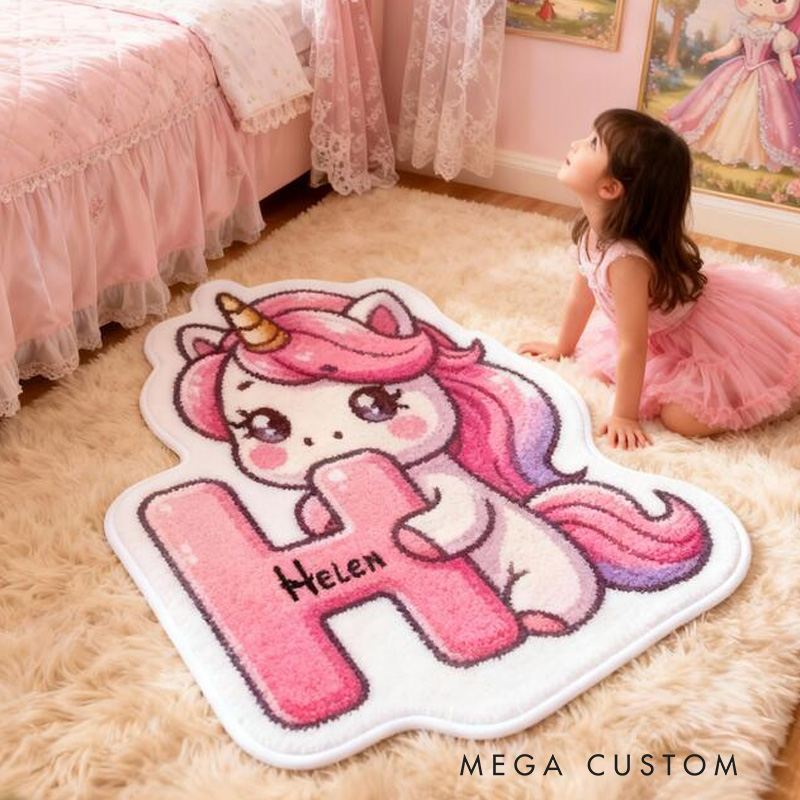 Personalized Fantasy Dream Horse Theme Custom Name Charming Pink Outline Style Carpet Rug for Kids