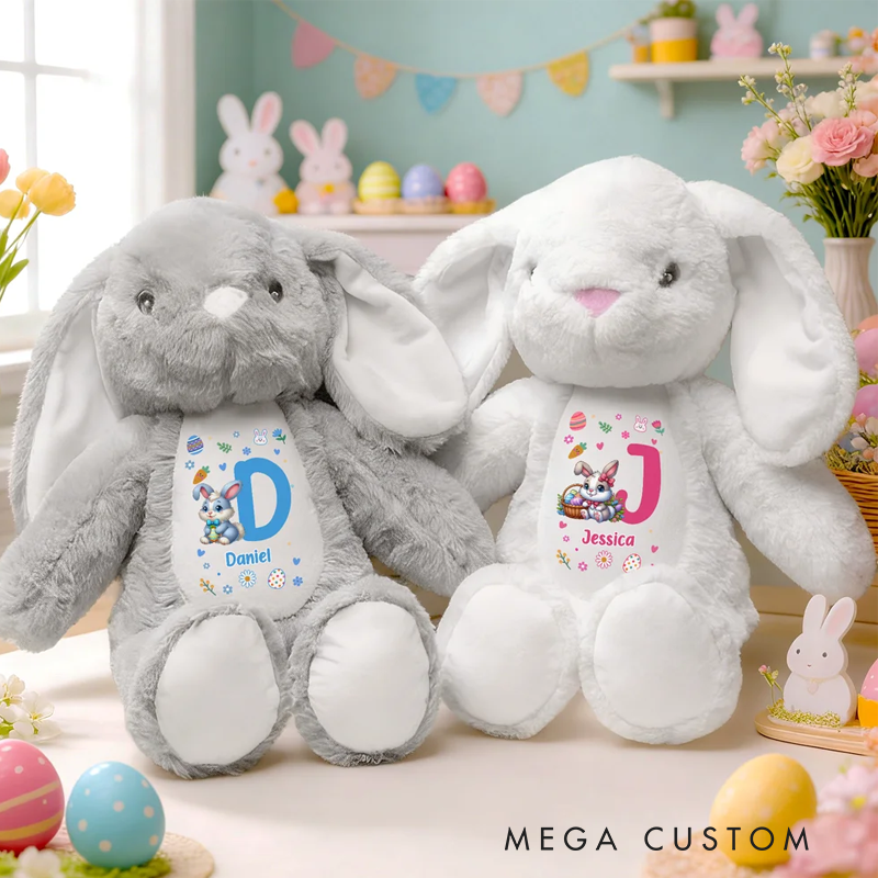 Personalized Cute Peter Rabbit Plush Easter Bunny Stuffed Toy with Initial and Name Easter Birthday Gift for Kids