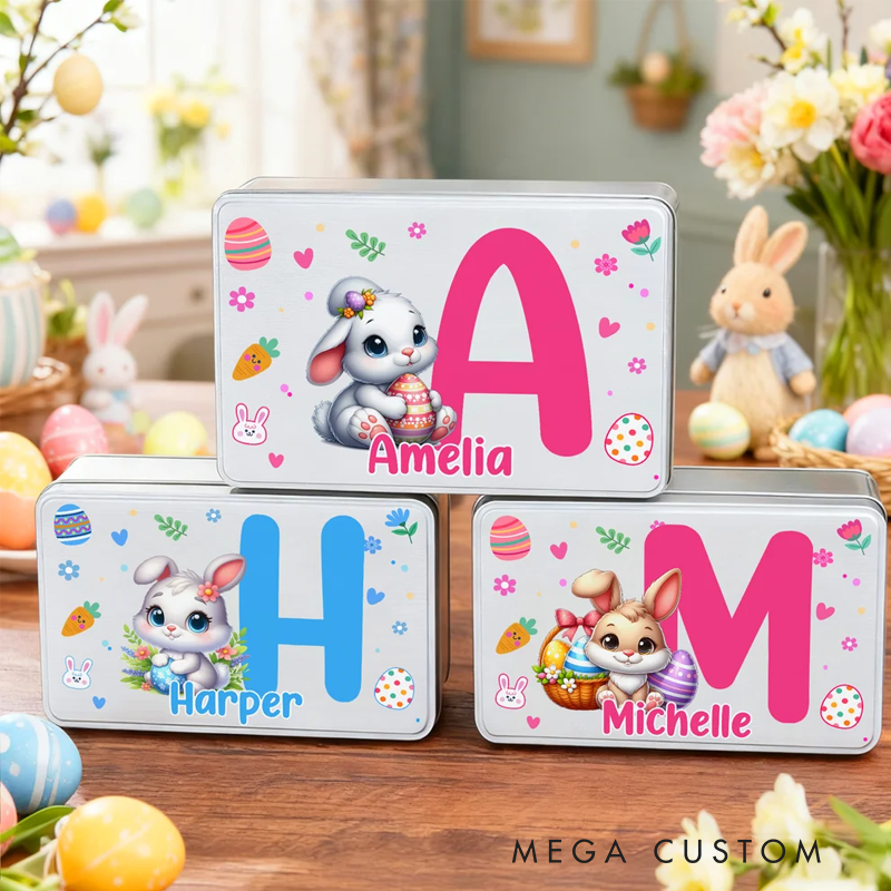Personalized Cartoon Bunny Easter Eggs Food Grade Metal Biscuit Tin Storage Box with Name Easter Holiday Gift for Family Kids