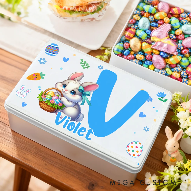 Personalized Cartoon Bunny Easter Eggs Food Grade Metal Biscuit Tin Storage Box with Name Easter Holiday Gift for Family Kids