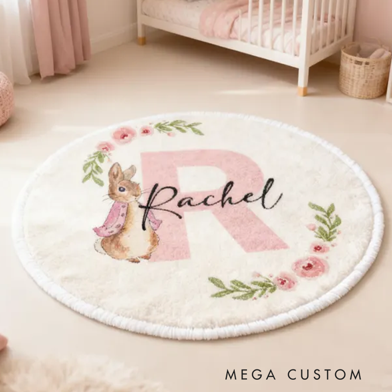 Personalized Pink Peter Rabbit Initials with Name Soft Rug Carpet Christmas Gift for Kids Rug Birthday Gifts for Kids