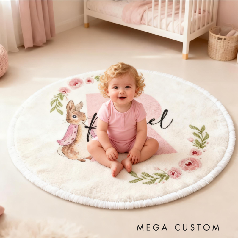 Personalized Pink Peter Rabbit Initials with Name Soft Rug Carpet Christmas Gift for Kids Rug Birthday Gifts for Kids