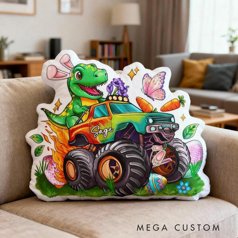 Personalized Monster Truck Theme Custom Name Fun Dinosaur Driver Adventure 3D Print Pillow