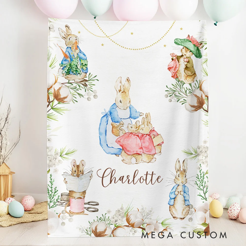Personalized Easter Peter Rabbit Soft Throw Blanket with Name Home Decor Easter Birthday Baby Shower Gift for Newborn Kids