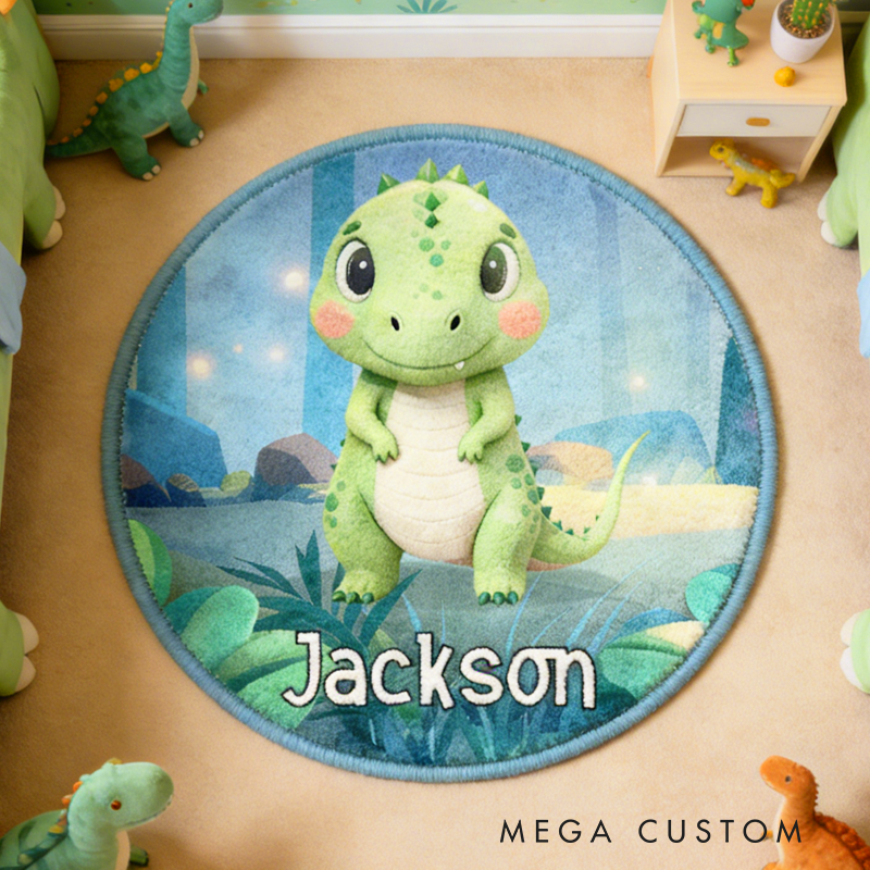 Personalized Cartoon Dinosaur Jungle Rug with Name Home Decor Birthday Gift for Kids Dinosaur Lovers