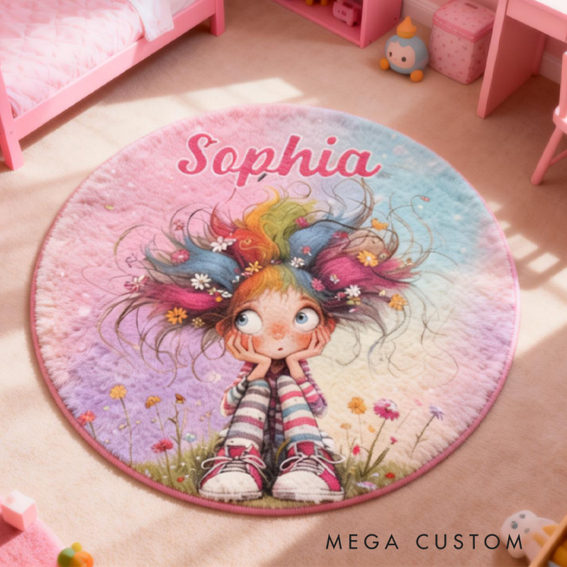 Personalized Multicolor Quirky Cartoon Girl Rug with Name Home Decor Birthday Gift for Girls Women