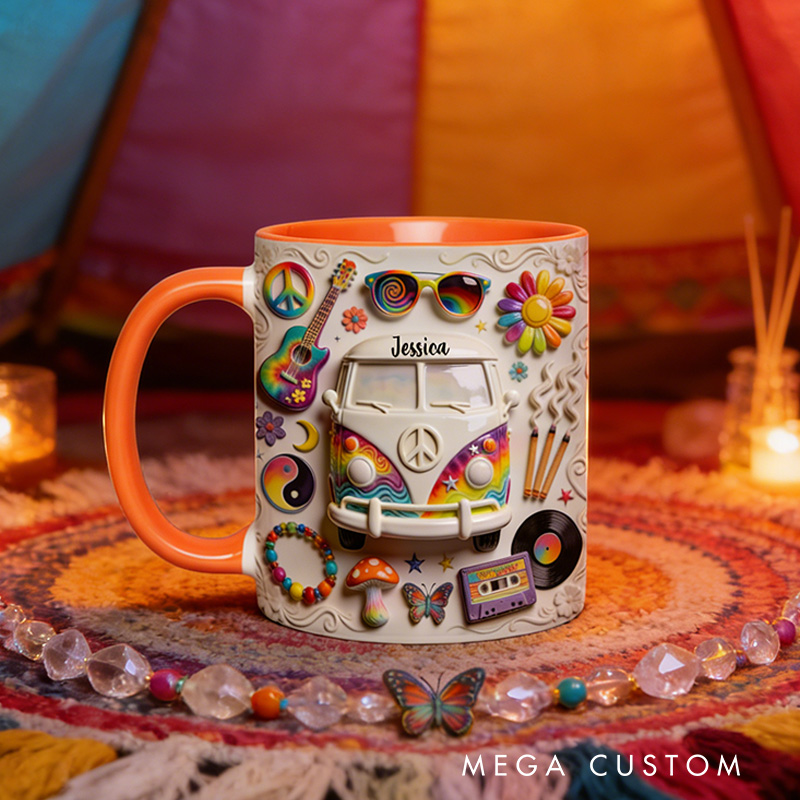 Personalized 2D Flat Hippie Love Hope Peace Mug Custom Name Colorful Hippie Car Hippie Coffee Mug Bohemian Coffee Mug