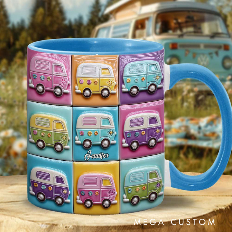 Personalized 2D Flat Hippie Caravans Mug Custom Name Colorful Hippie Car Hippie Coffee Mug Bohemian Coffee Mug