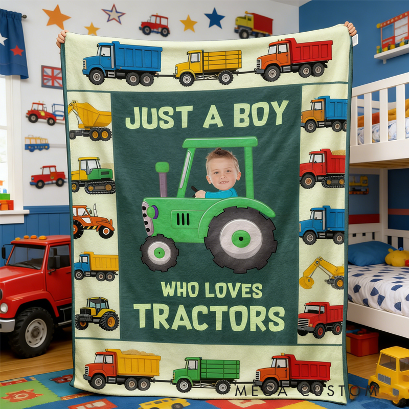 Personalized Just A kid Who Loves Tractors Baby Photo Blanket with Name Home Decor Birthday Gift for Kids