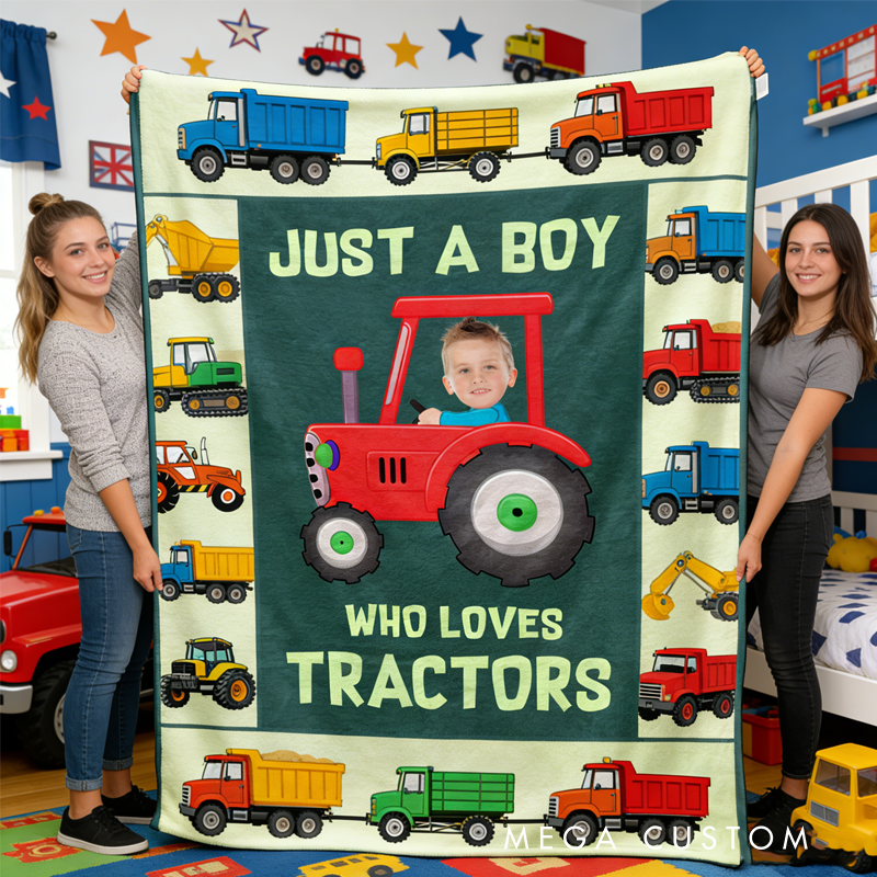 Personalized Just A kid Who Loves Tractors Baby Photo Blanket with Name Home Decor Birthday Gift for Kids