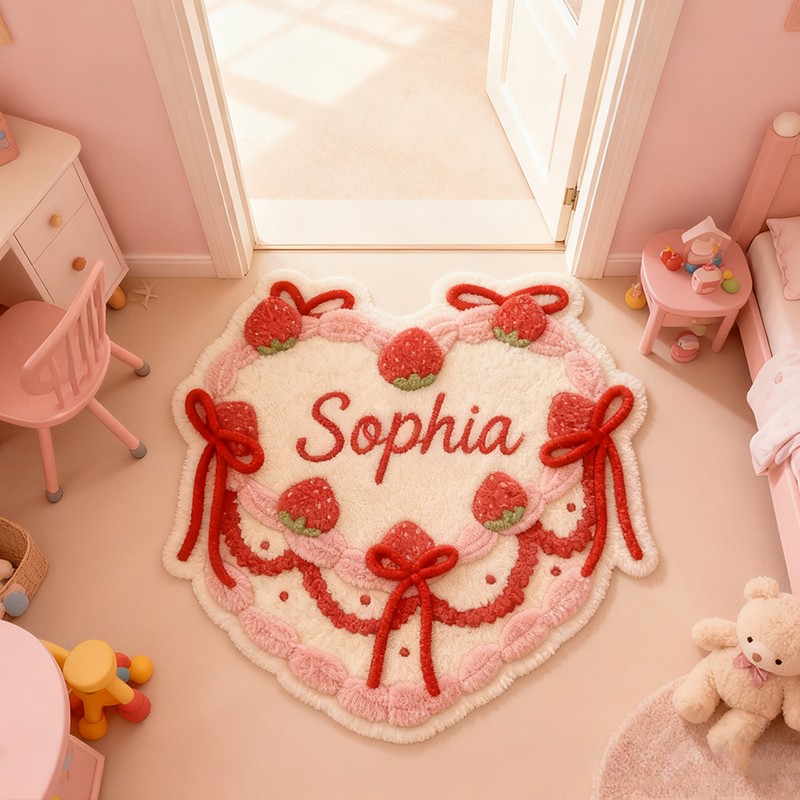 Personalized Strawberry Cake Custom Name Soft Decorative Gift Sweet Dessert Style Cozy Nursery Pink Red Ribbon Lovely Cute Baby Room Playtime Graphic Carpet Rug for Kids