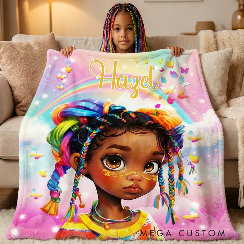 Personalized Dazzling Black Little Girl Soft Throw Blanket with Name Home Decor Birthday Gift for Black Girls