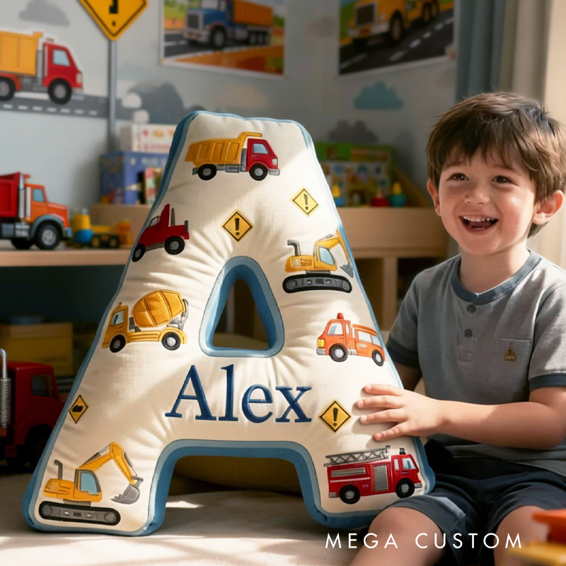 Personalized Construction Letter Pillow Custom Initial Pillow for Kids Trucks Vehicles Nursery Decor Boys Room Cushion Toddler Gift