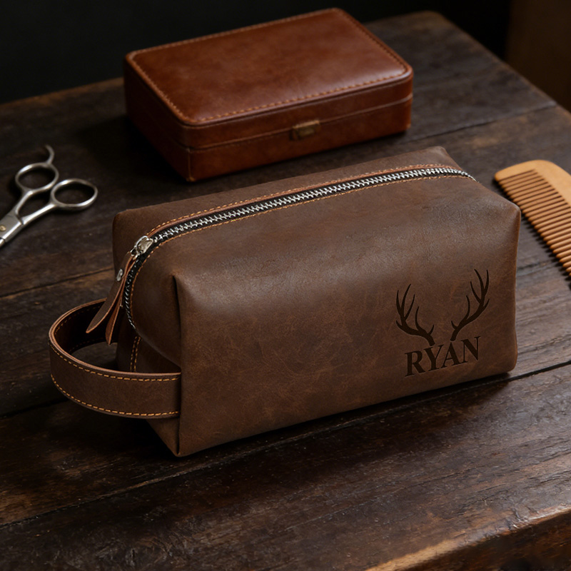 Personalized Hunting Toiletry Bag Custom Dopp Kits Engraved Leather Toiletry Bag for Deer Hunter Dad Husband Father Gift