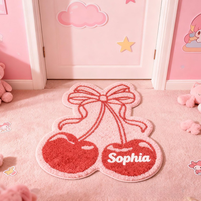Personalized Cherry Bow Custom Name Soft Decorative Gift Sweet Pink Style Carpet Cozy Bedroom Cute Fruit Heart Lovely Girl Room Warm Welcome Entry Graphic Rug for Kids
