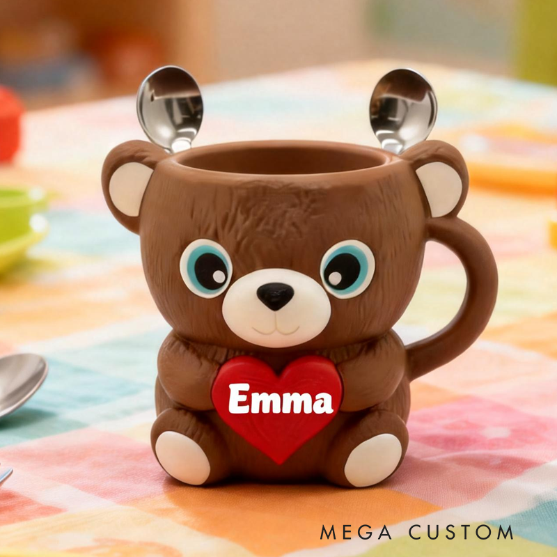 Personalized Cartoon Heart-Shaped Bear Ice Cream Pint Holder 3D Printed with 2 Spoon Slots Cozy Birthday Gifts for Kids