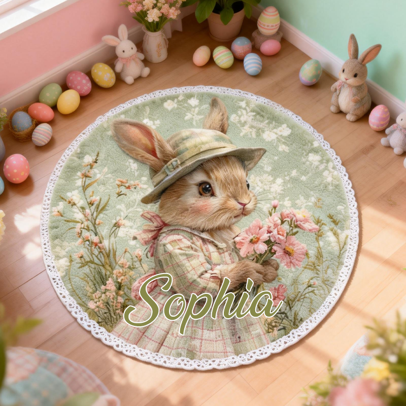 Personalized Spring Floral Bunny Rug with Name Home Decor Easter Gift for Kids