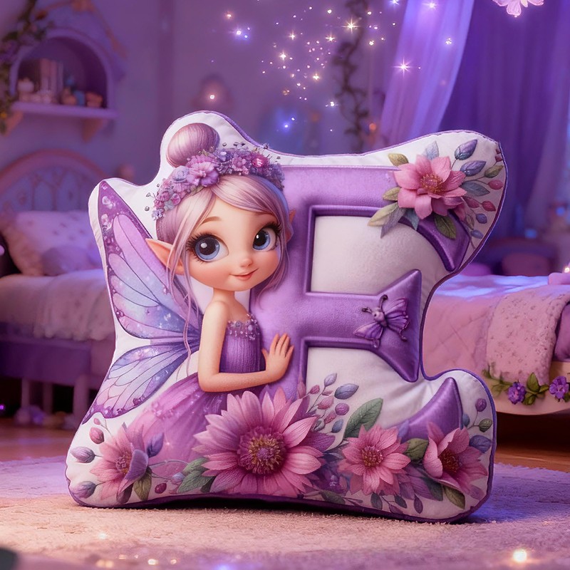 Personalized Fairy Letter Custom Name Soft Decorative Gift Magical Fantasy Style Cozy Bedroom Purple Flower Sparkle Dream Lovely Wings Enchanted Night Graphic 3D Print Pillow