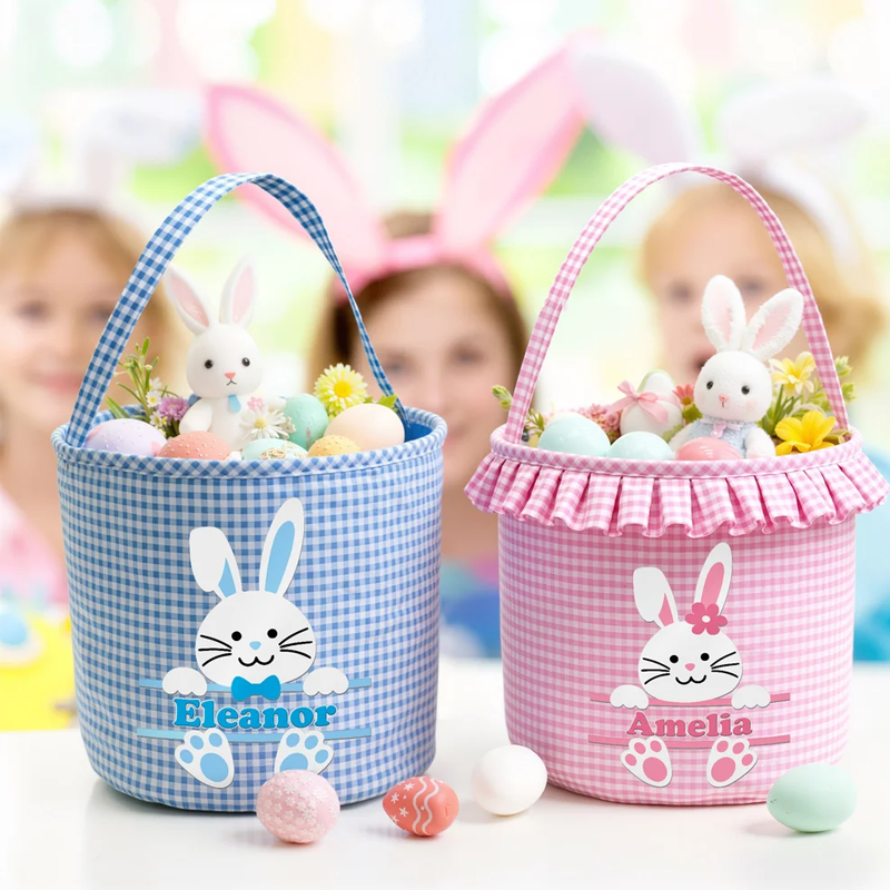 Personalized Cute Bunny Plaid Easter Basket with Name Easter Eggs Hunting Easter Day Gift for Boys Girls