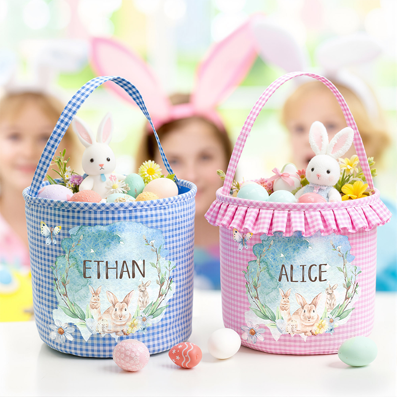 Personalized Name Watercolor Bunnies Gingham Easter Basket with Ruffle Multicolor Easter Treat Bag Easter Party Favor Easter Gift for Kids Boys Girls