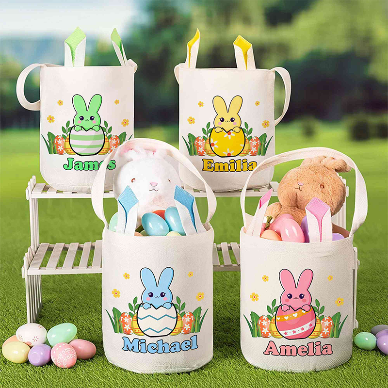Personalized Name Cracked Egg Bunny Bucket Bag with Ears Easter Egg Hunt Basket Cotton Linen Easter Goodie Bag Easter Gift for Kids Boys Girls