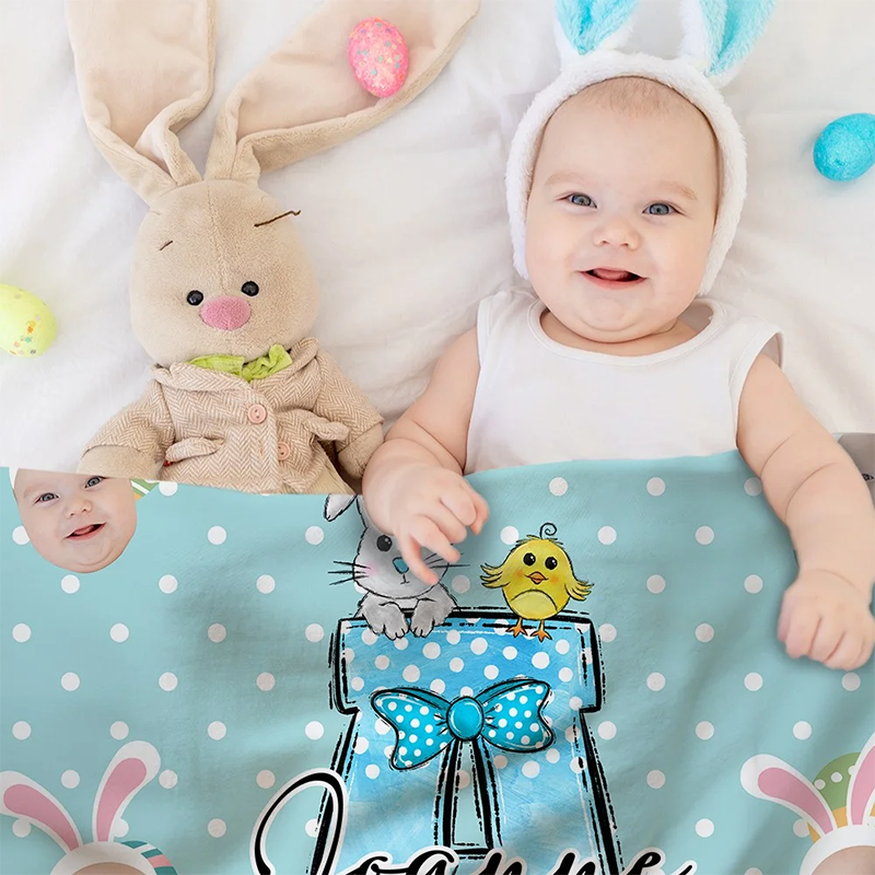 Personalized Face Photos Easter Bunny Alphabet Blanket Polka Dot Blanket with Name Initial Flannel Sherpa Soft Bed Couch Throw Easter Gift for Kids