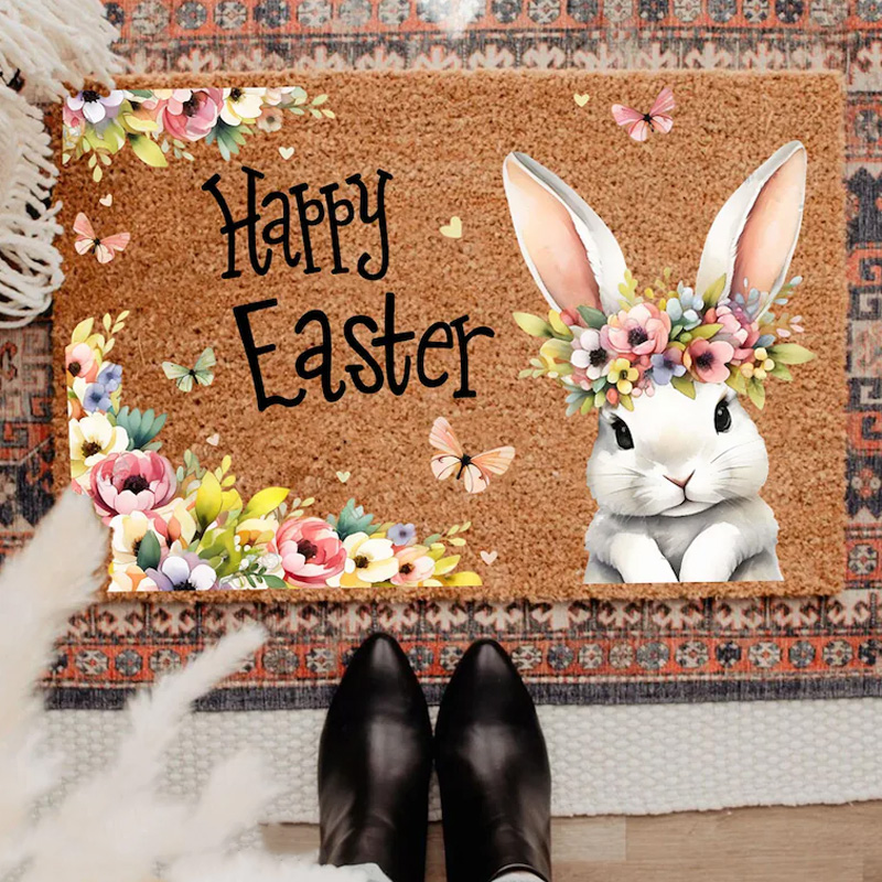 Personalized Easter Bunny Flower Crown Theme Spring Welcome Mat Cute Holiday Entryway Decor Doormat