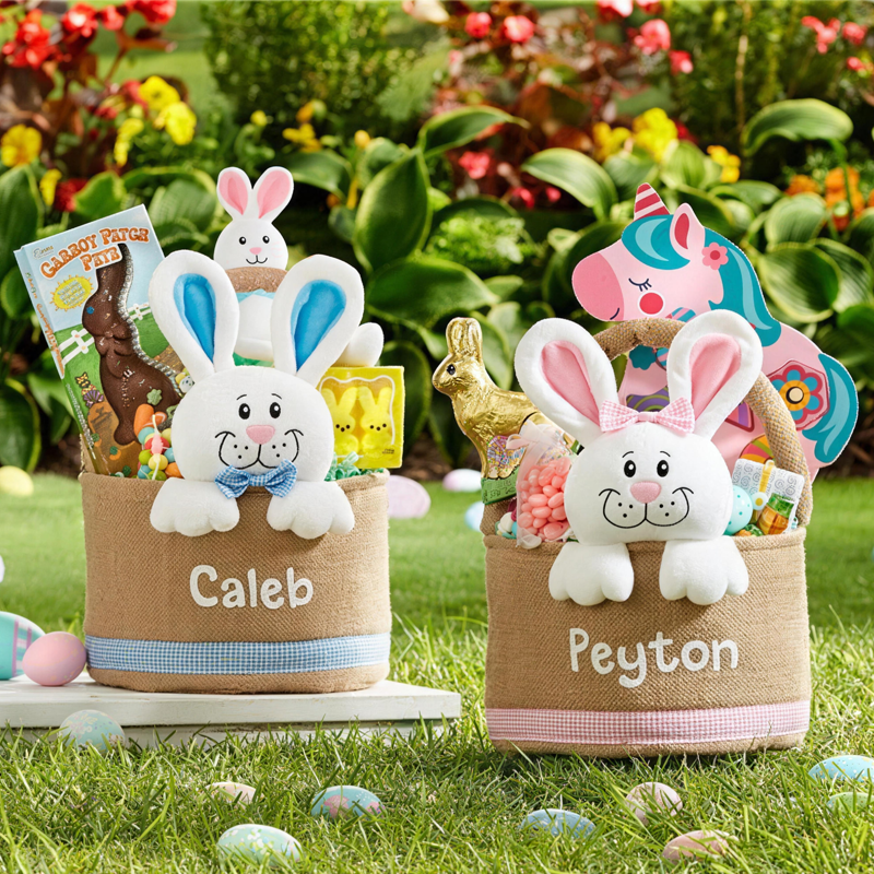 Personalized Name Plush Bunnies Easter Basket with Name Easter Treat Bag Easter Party Favor Easter Gift for Kids Boys Girls