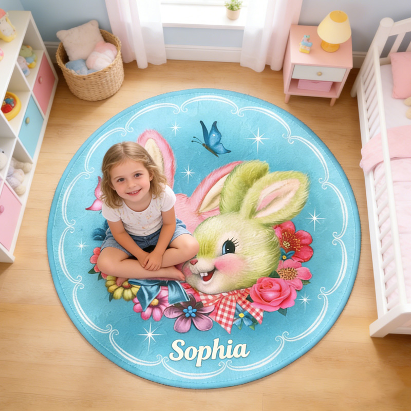 Personalized Easter Bunny Friends Spring Garden Theme Name Mat Colorful Floral Playroom Decor Carpet Rug for Kids