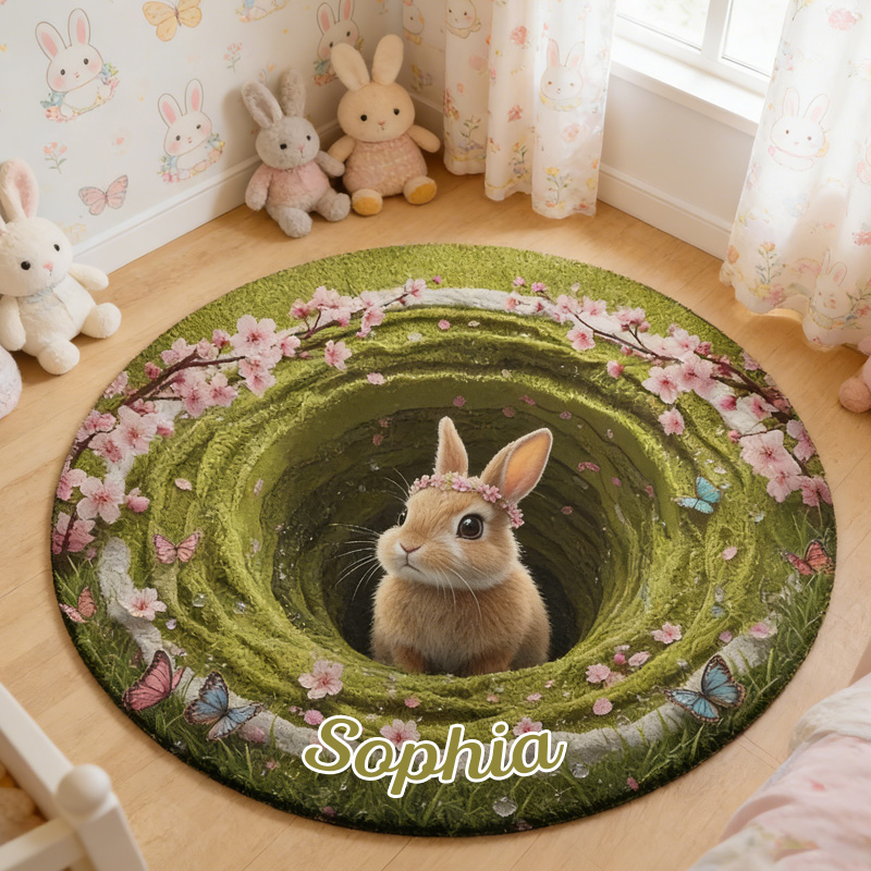 Personalized Bunny Hole Garden Theme Name Mat 3D Rabbit Meadow Spring Nursery Playroom Carpet Rug for Kids