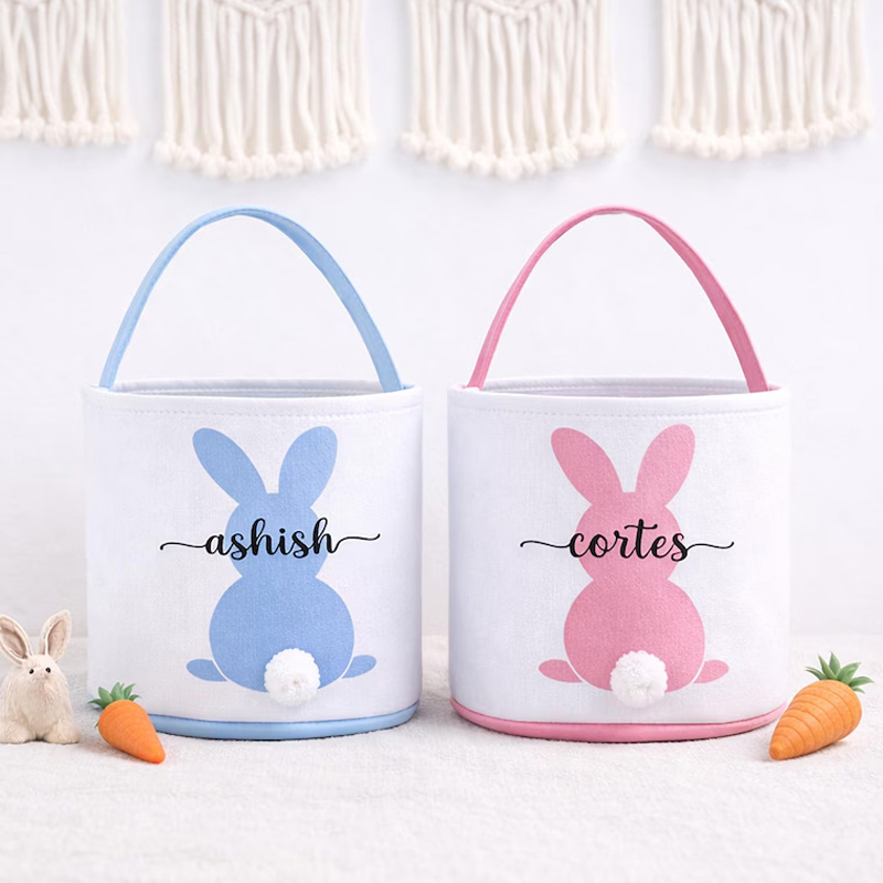 Personalized Easter Bunny Tail Theme Name Basket Cute Felt Tote Bag for Egg Hunt Spring Gift Collection