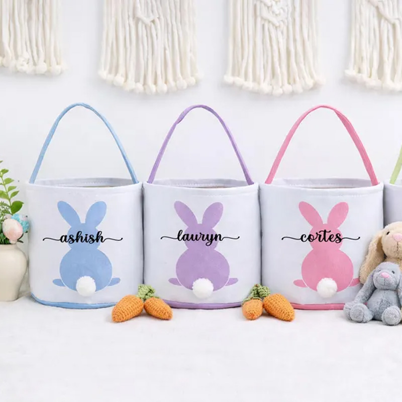 Personalized Easter Bunny Tail Theme Name Basket Cute Felt Tote Bag for Egg Hunt Spring Gift Collection