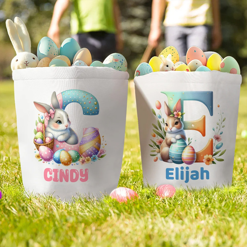 Personalized Cute Easter Bunny Initial Canvas Bucket Basket with Name Easter Egg Hunting Easter Party Favors Gift for Kids