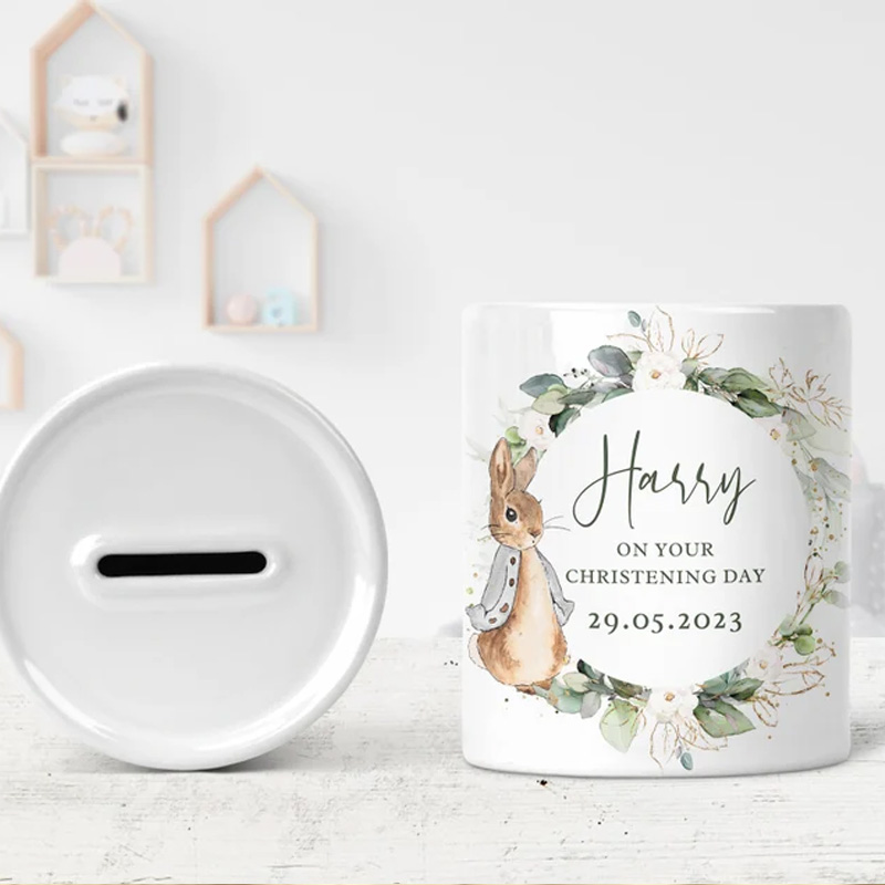 Personalized Bunny Wreath Theme Name Ceramic Money Box Baby Shower Gift Nursery Decor Bank