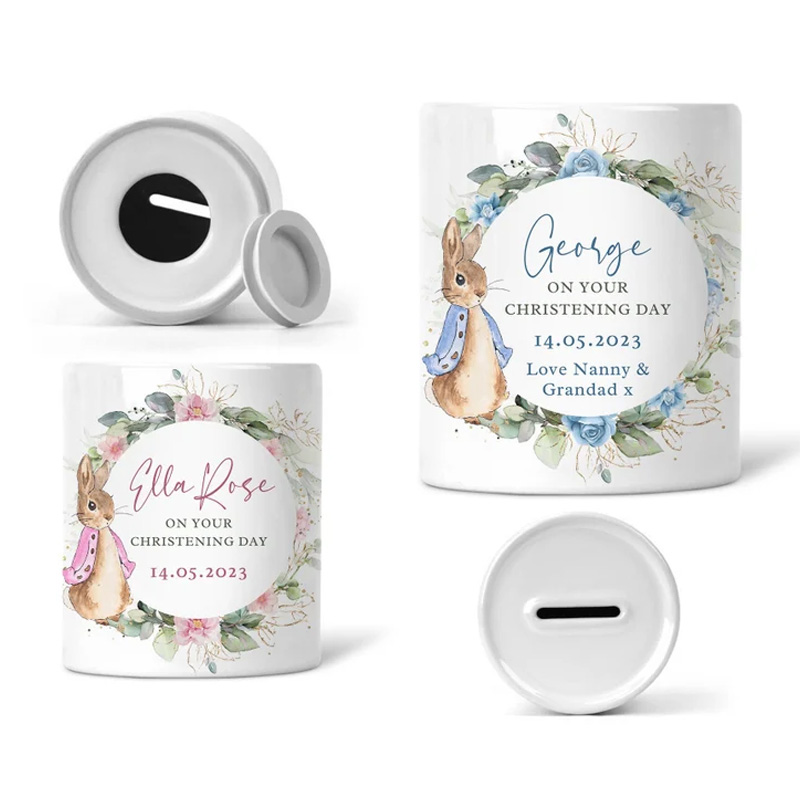 Personalized Bunny Wreath Theme Name Ceramic Money Box Baby Shower Gift Nursery Decor Bank