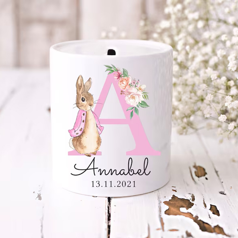 Personalized Bunny Initial Name Floral Letter Baby Gift Ceramic Money Box Nursery Keepsake Piggy Bank