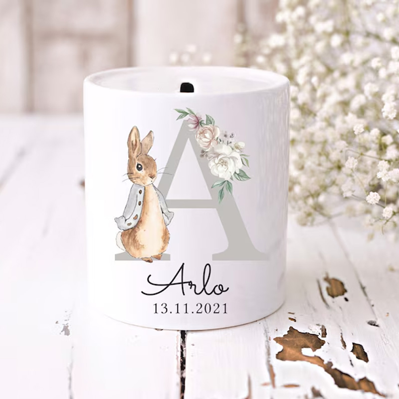 Personalized Bunny Initial Name Floral Letter Baby Gift Ceramic Money Box Nursery Keepsake Piggy Bank